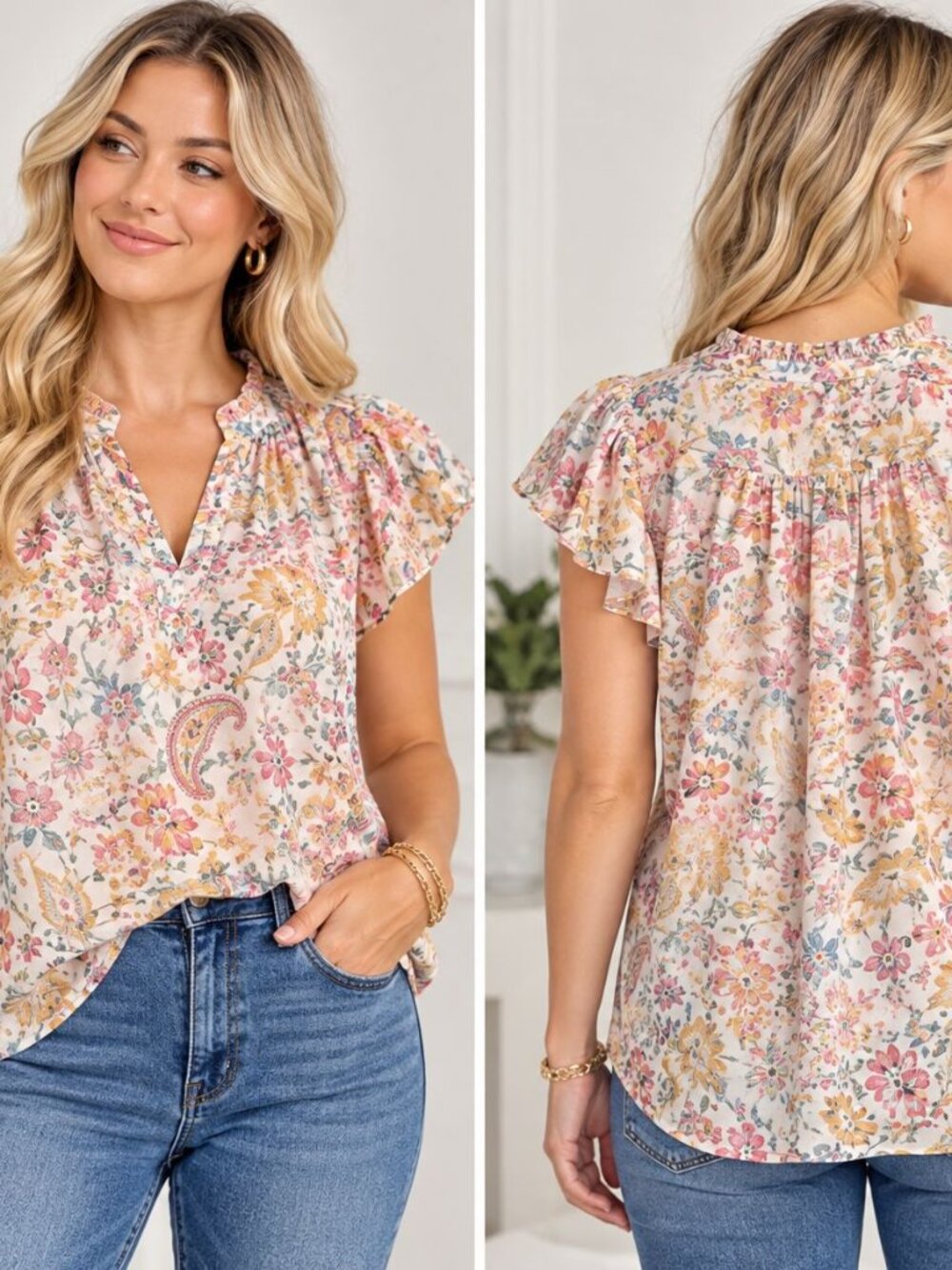 LOFT Garden Floral Paisley Ruffle Blouse XL Split Neck Boho Office Casual